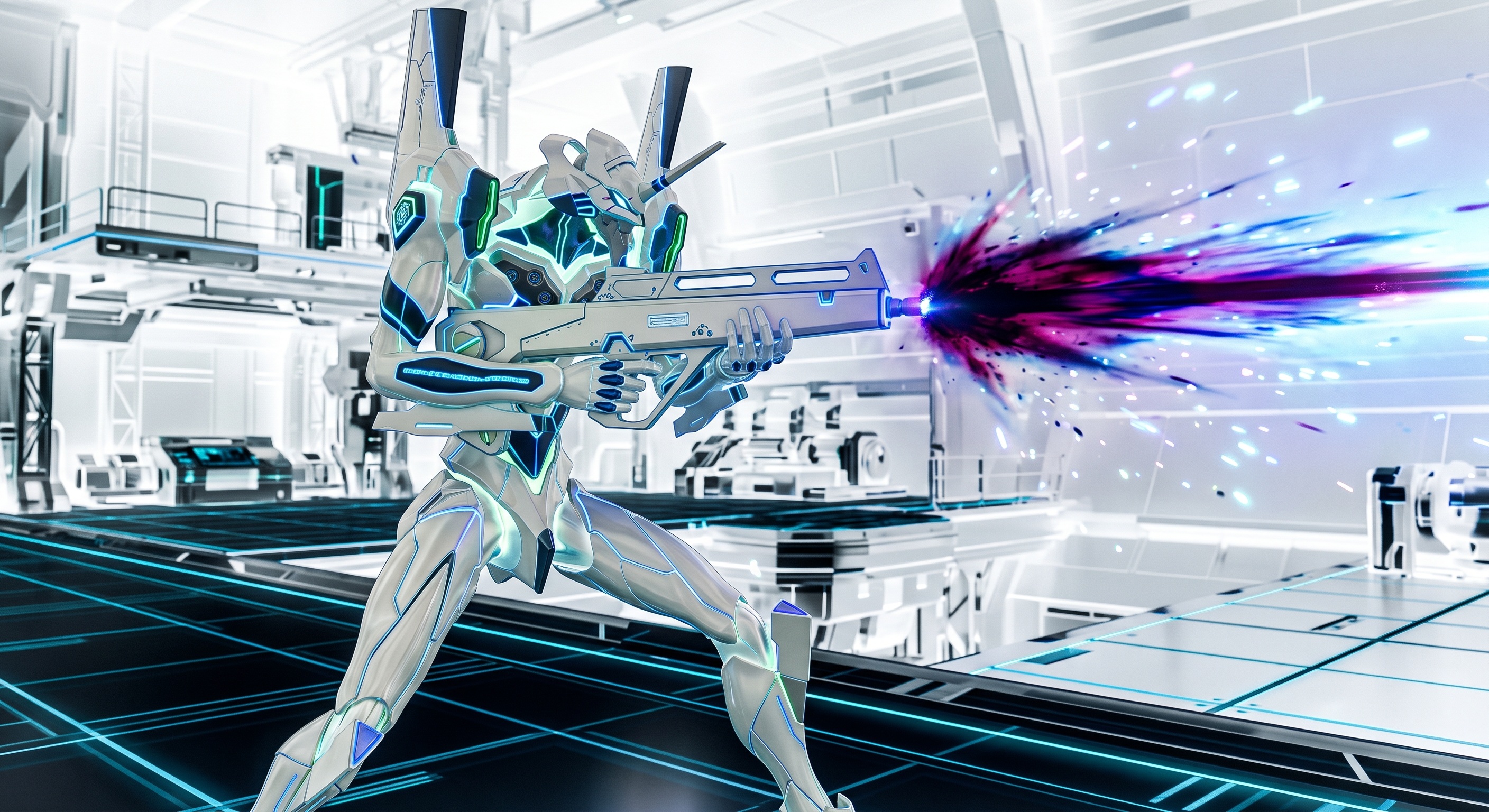 Action sci-fi evangelion styled mecha firing pulse rifle using tron visual styling. inverse the coloring